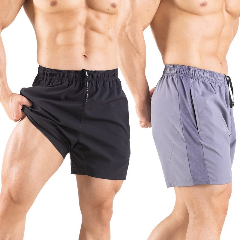 Gaglg Men's 5" Running Shorts 2 Pack Quick Dry Athletic Workout Gym Shorts with Zipper Pockets Black/Gray,Small
