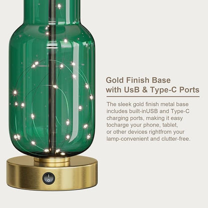 Oneach 22" Glass Table Lamps Set of 2, Green Modern Bedside Lamp with LED Night Light for Living Room, Nightstand Lamp with USB Ports for Bedrooms, Study Room, End Table(2 Bulbs Included)