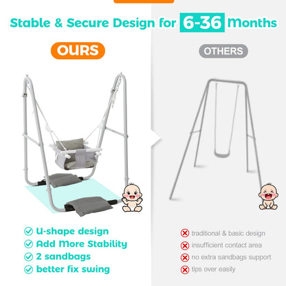 FUNLIO Baby Swing Set for Toddlers 6-36 Months, Foldable & Portable Swing for Indoor & Outdoor, Heavy Duty Metal Frame, Includes 2 Weight Bags & 4 Anti-Slip Pads, Easy to Assemble & Store – Gray