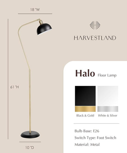 HarvestLand Halo Brass Floor Reading Lamp – Adjustable Modern Reading Light Floor Lamp with Solid Base, Reading Lamps Floor Standing, Black Stand Up Lamps for Living Room or Over Chair Use, Bedroom
