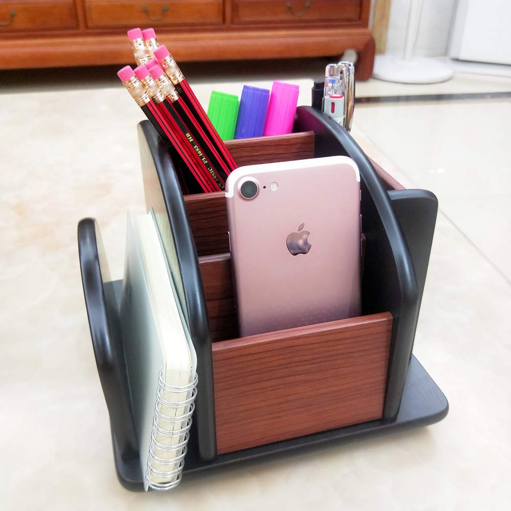 YCL YUCHUNLIN Revolving Remote control caddy,Wooden pen holder for desk office supplies stationery storage, Multi function home & office desktop organizer YCL875R