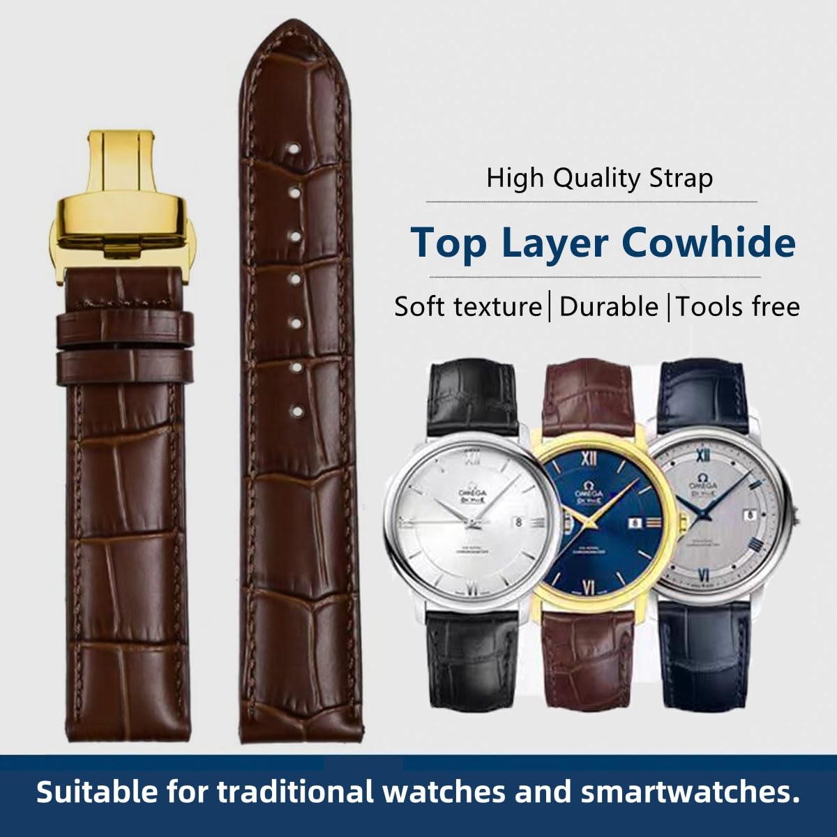 HEYOZURY Watch Bands Genuine Leather Embossed Alligator Grain Calfskin Deployment Buckle Replacement Strap for Women Men Bracelet Men's and Women's Watch Straps 14mm to 24mm
