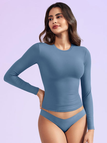 YEOREO Long Sleeve Shirts for Women y2k Tops Double Lined Basic Tee Crew Neck Going Out Sweeney Workout Undershirt Haze Blue M