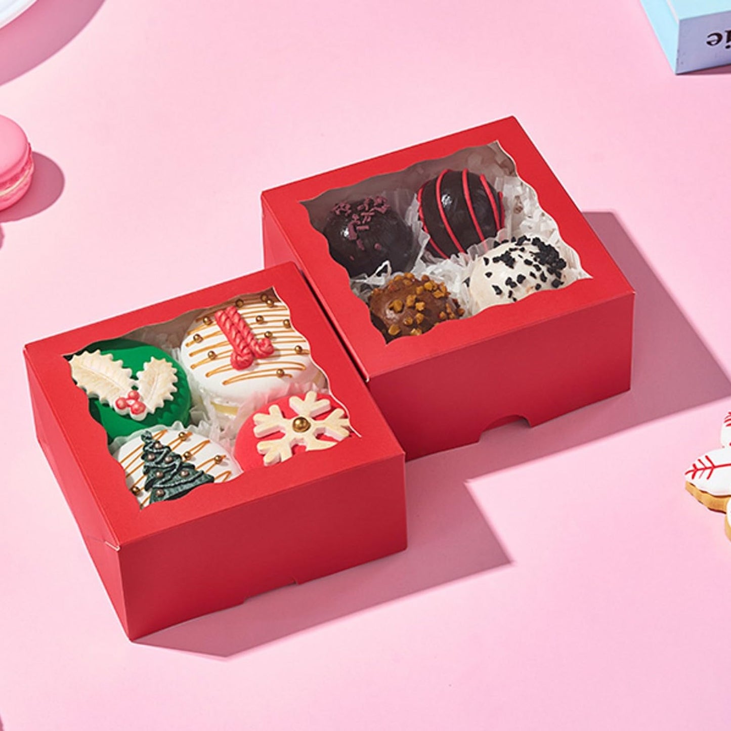 JCXGRVC 50 Pack 4x4x2 inches Red Bakery Boxes with Window - Macaron Cookie Chocolate Truffle Strawberry & Mini Cake Gift Boxes for Valentine's Parties Birthdays Wedding, Christmas Favors