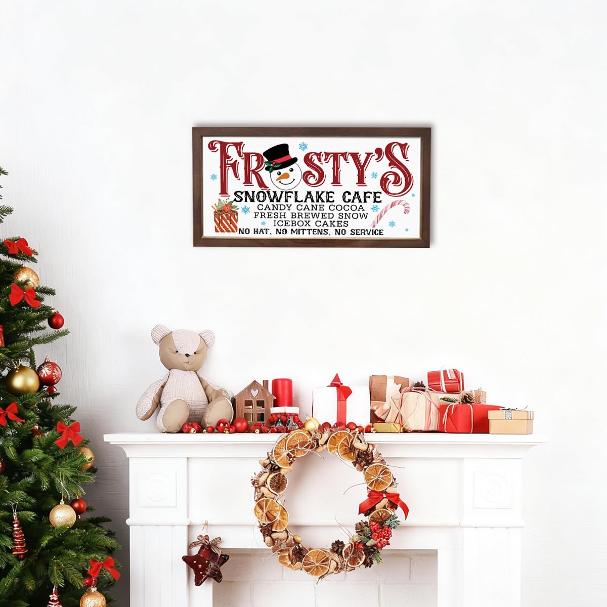 Christmas Decor Signs, Frosty's Snowflake Cafe Sign, Snowman Decor, Wall Decors Art, Winter Home Decoration, Coffee Station Decors, Cafe Decoration, Rustic Framed Wooden Plaque 15×7.5×0.3 inches