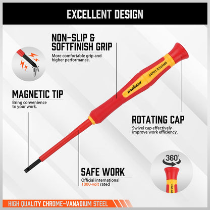 HORUSDY 1000V 6-Piece Mini Insulated Screwdriver Set, Magnetic Tip Mini Electrician Screwdriver Set Slotted(1.8mm,2.0mm2.5mm,3.0mm), Phillips: (PH00, PH0)