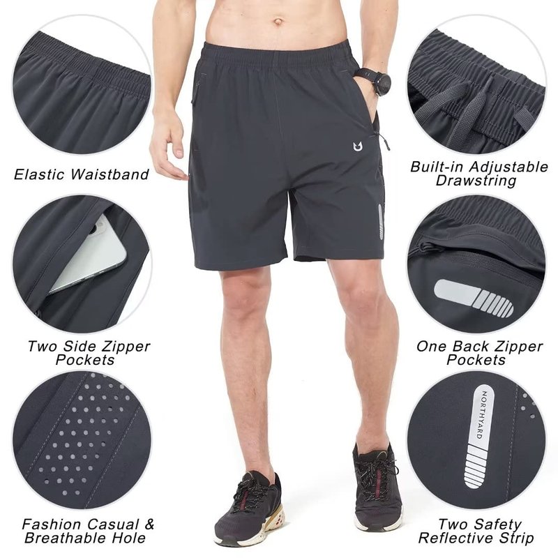 NORTHYARD Men's Athletic Running Shorts Gym Workout 7"/9"/5" Quick Dry Lightweight Sports Basketball Tennis 3 Zipper Pockets Darkgrey 4XL