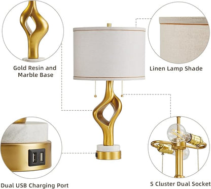 26” Modern Table Lamp Set of 2 for Living Room Bedroom, Gold Sculptural Table Lamp with 2 USB Ports, Resin Desk Lamps Marble Base with Double Pull Chains for Bedside End Tables, Bulb Included