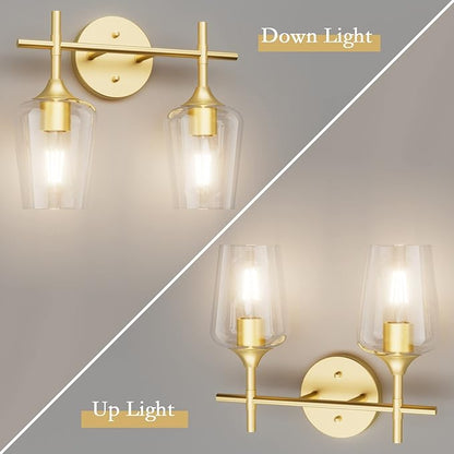 Ralbay Gold Bathroom Light Fixtures 2-Lights with Clear Glass Modern Wall Mount Lighting Industrial Farmhouse Gold Bathroom Vanity Lights Wall Sconce