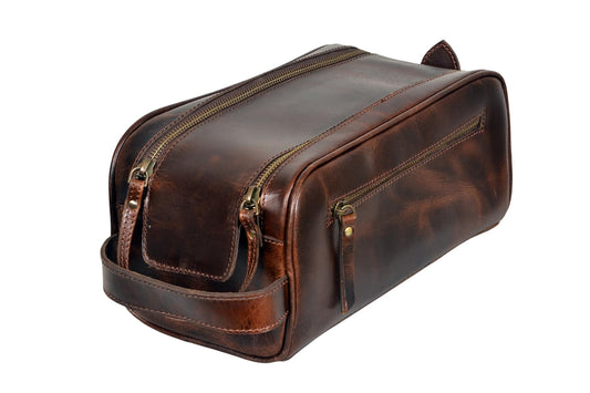 Leather Toiletry Bag With Waterproof Lining 10" King-Size Handcrafted Grooming Kit, Unisex Travel Toiletry Bag, Leather Shaving & Bathroom Organizer, Gift for Men & Women (Combo of 4 Items)