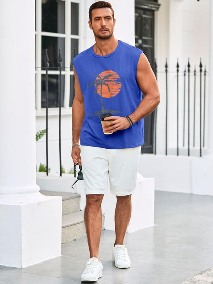 Runcati Mens Sleeveless Tank Tops Workout Gym Muscle Shirts Palm Tree Vintage Hawaiian Summer Beach T Shirts Blue