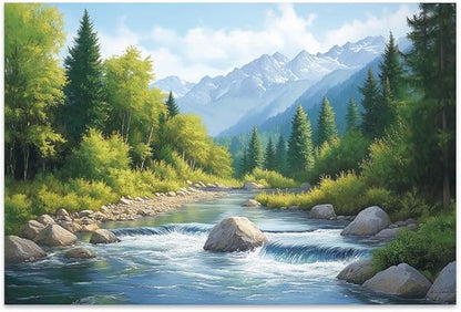 Yesad Serene Nature Wall Art, Landscape Canvas Wall Art Forest Pictures Prints Mountain Painting Scenery Poster Wall Décor for Farmhouse Living Room Bedroom (Unframed,12”x8”, Stream)