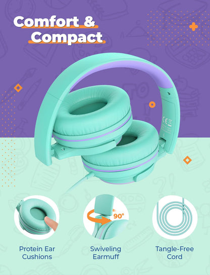 iClever 2Pack Kids Headphones with Sharing Splitter - 85dBA Safe Volume Limited - HS22 Wired Headphones for Kids Teens, Tangle-Free 3.5mm Jack Foldable Stereo for School/Tablet/Travel