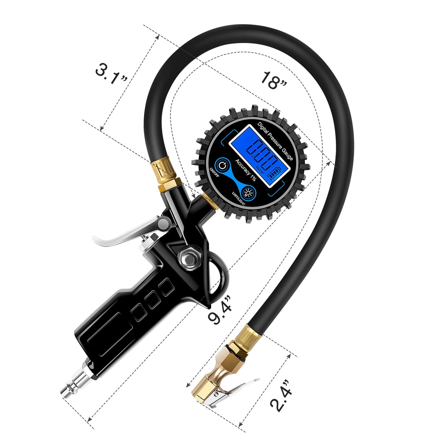 Nilight 50026R Digital Tire Inflator Pressure Gauge,250 PSI Air Chuck and Compressor Accessories Heavy Duty with Rubber Hose Quick Connect Coupler for 0.1 Display Resolution