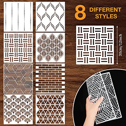 Outus 8 Pieces 12 x 12 Inch Wall Stencils for Painting on Wall Wood Floor Tile Reusable Furniture Stencils Drawing Template Geometric Modern Herringbone Pattern Stencil Home Decor(Delicate Style)