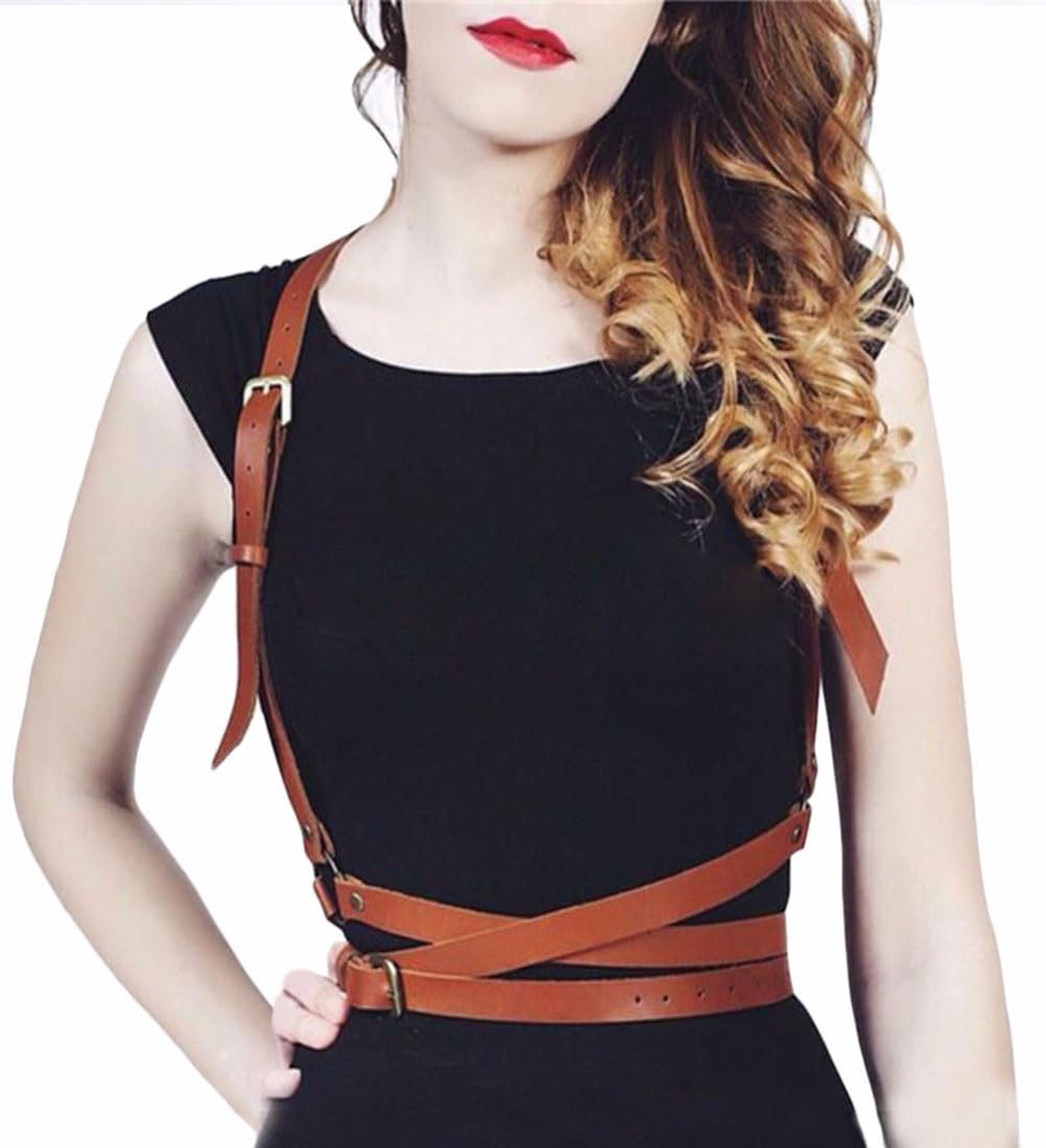 FTmgg@qq Women's Leather Body Chest Harness Punk Chain Belt Adjustable Waist Suspender For Shirt Dresses Gothic Costume Accessories