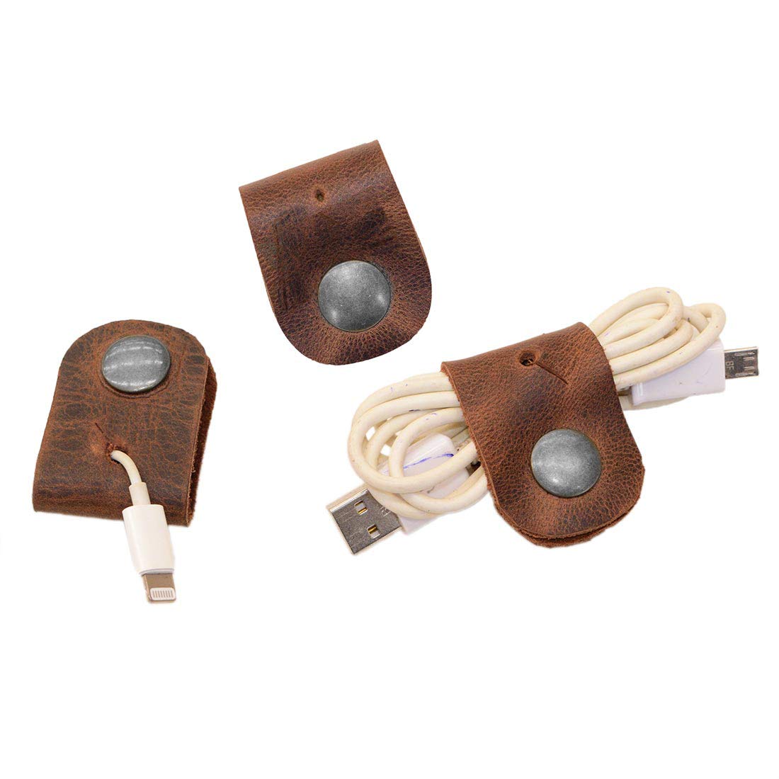 Hide & Drink, Set of 3 Cord Keepers, Straps for Cables, Travel Organizers, Charge Holder, Travel Essentials, Full Grain Leather, Handmade, Bourbon Brown