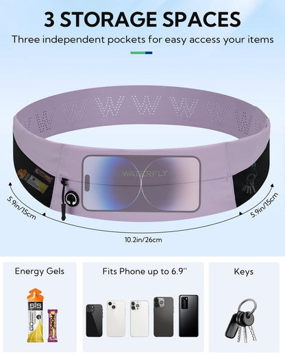 WATERFLY Running Belt Fanny Pack: Slim Waist Bag for Men Women, Workout Fitness Phone Holder for Exercise Marathon Jogging-Purple