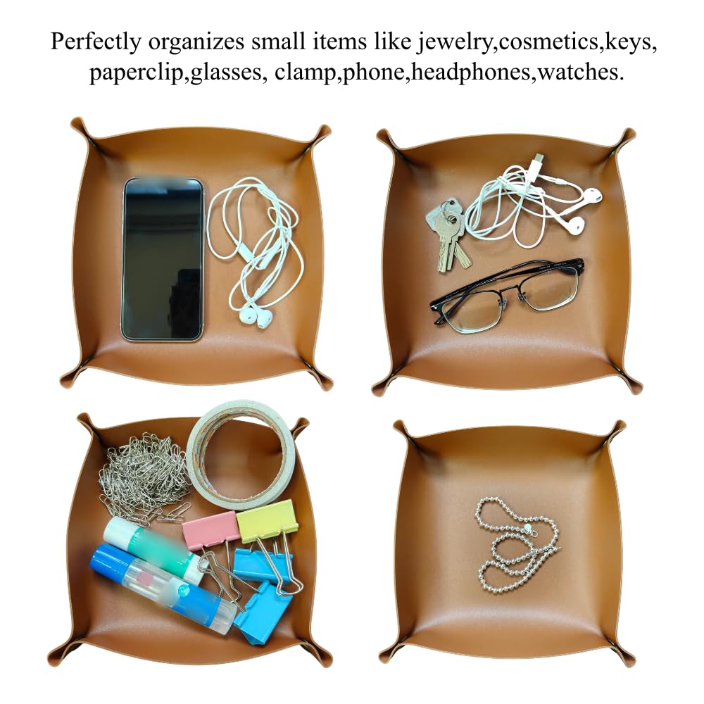 4 Pcs Portable Multi-Purpose PU Leather Valet Trays,Suitable for desks, entryways, nightstands.Perfectly organizes Small Items Like Jewelry, Keys, Paperclip,Glasses, Clamp, Headphones, Watches.