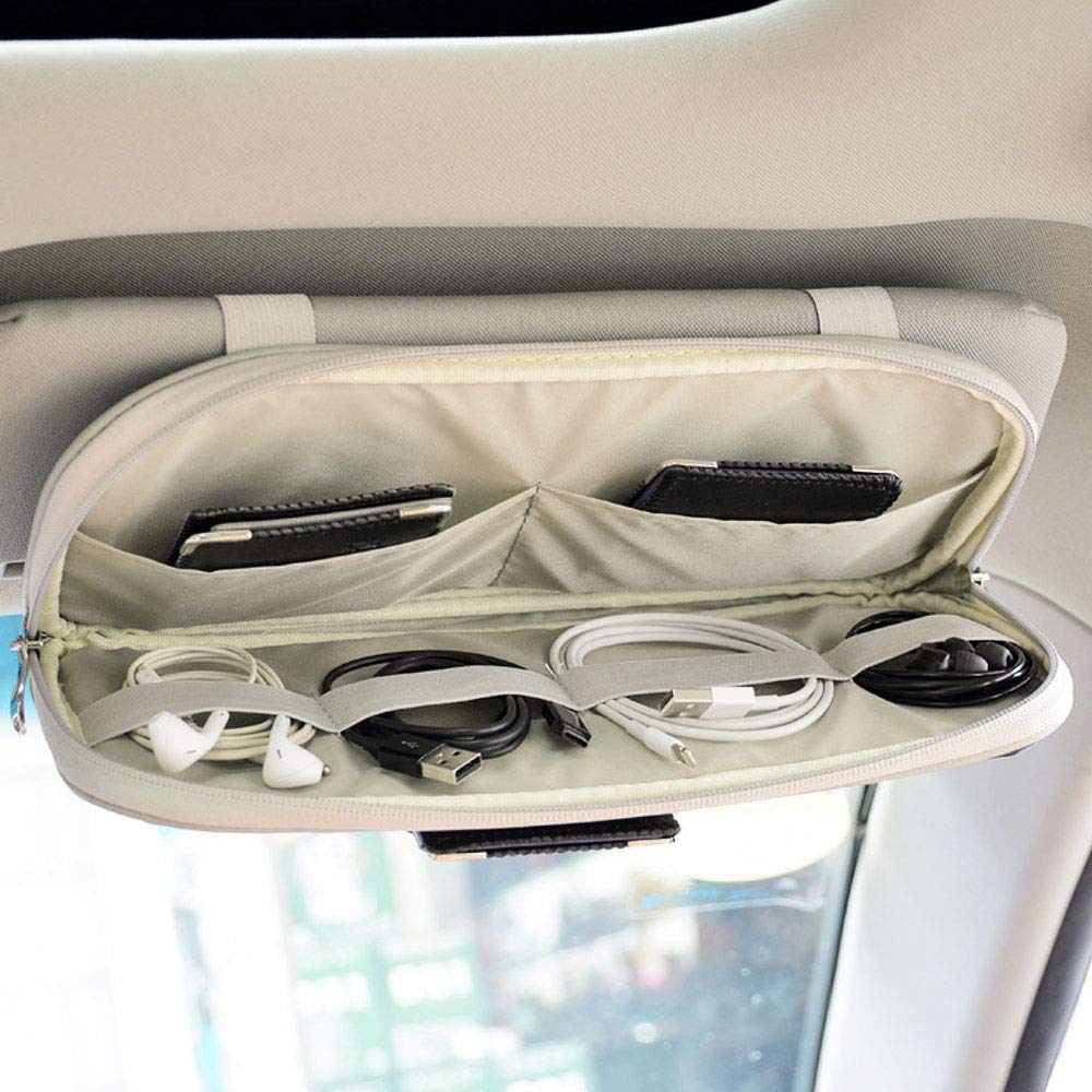 Qitdathn Car Sun Visor Organier Truck SUV Sun Visor Storage Pocket Pouch Holder, Multi-Pocket PU Leather with Zipper Net, for Cards Pens Sunglasses Document (Gray)