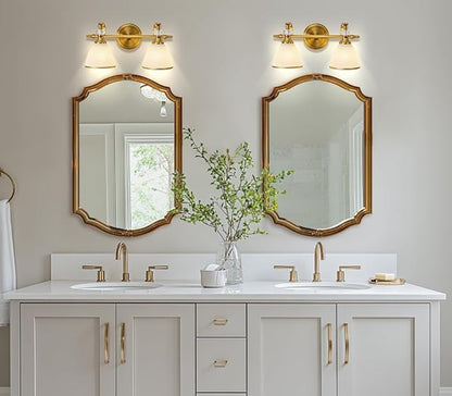 ANDY STAR Gold Vanity Light, 2-Light Brushed Gold Bathroom Light Fixtures, Vintage Bathroom Light with Milky White Bell Glass Shades, Eye-Friendly Wall Sconce for Mirror, Kitchen, Bedroom, Hallway