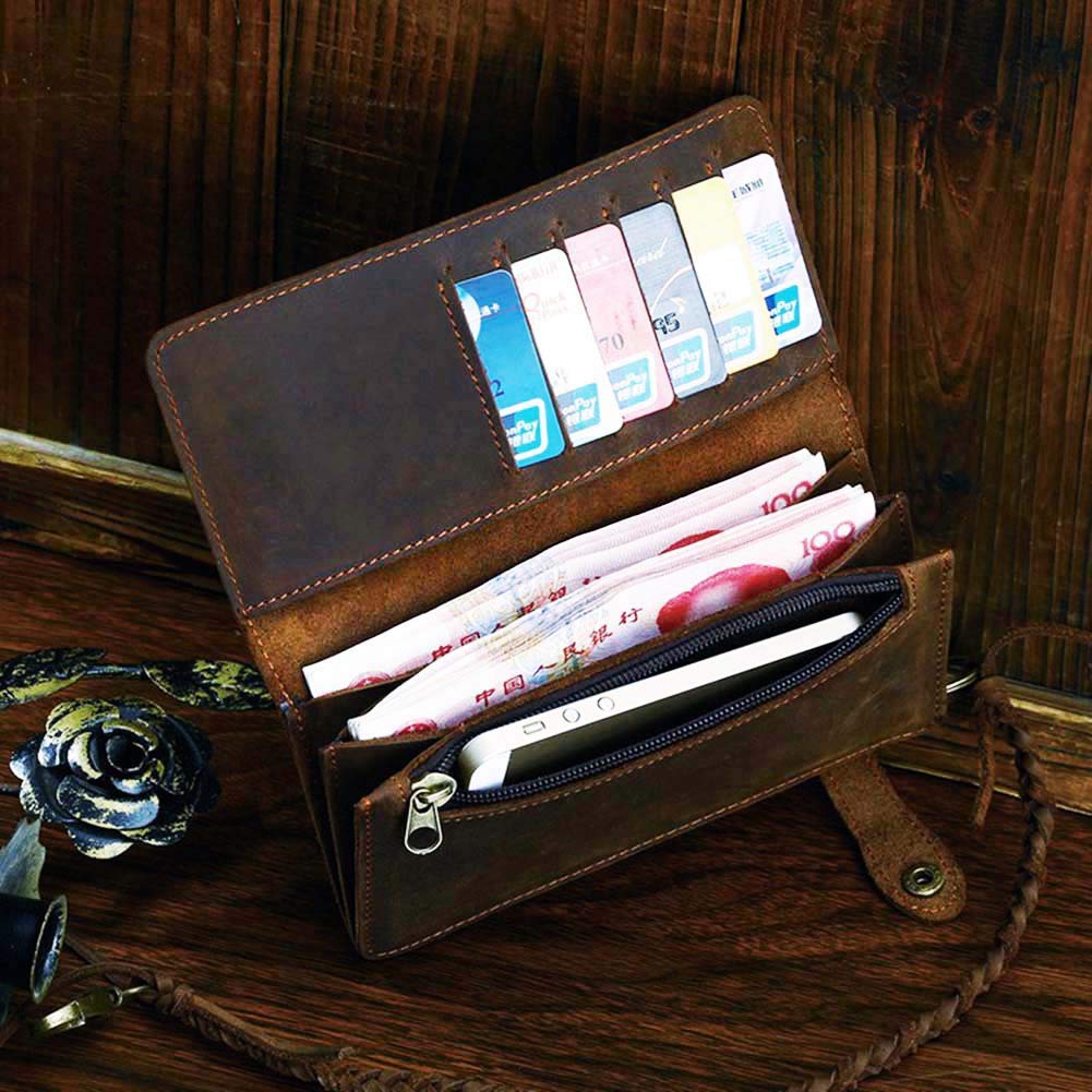 Le'aokuu Mens Genuine Leather Bifold Wallet Organizer Checkbook Removable Chain Wallet