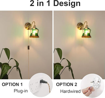 Vintage Wall Sconce, Wall Lamps with Polygonal Checker Sconce, Stained Glass Shade Brass Wall Lights Fixture with Plug in Cord and Switch for Bedroom Bathroom Living Room Hallway