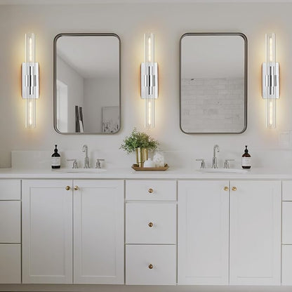 Chrome Wall Sconces, 22.8" Bathroom Sconces, Indoor Sconces Wall Lighting Up and Down, Nickel Wall Sconce Dimmable, Vanity Lights Fixtures with Tube, Glass Sconce for Bedroom, Staircase