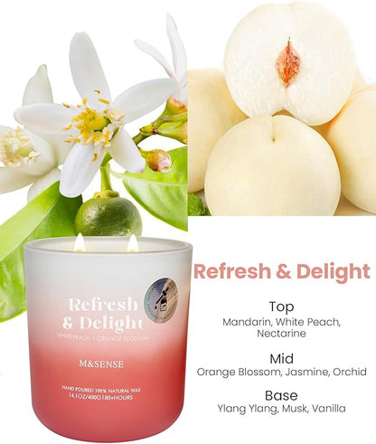 M&SENSE White Peach & Orange Blossom Scented Candle for Home, 14.1oz 80-Hour Non Toxic Long-Lasting Natural Soy Wax Scent Fragrance, 2 Wick Aromatherapy Candle for Women Men Family Friends