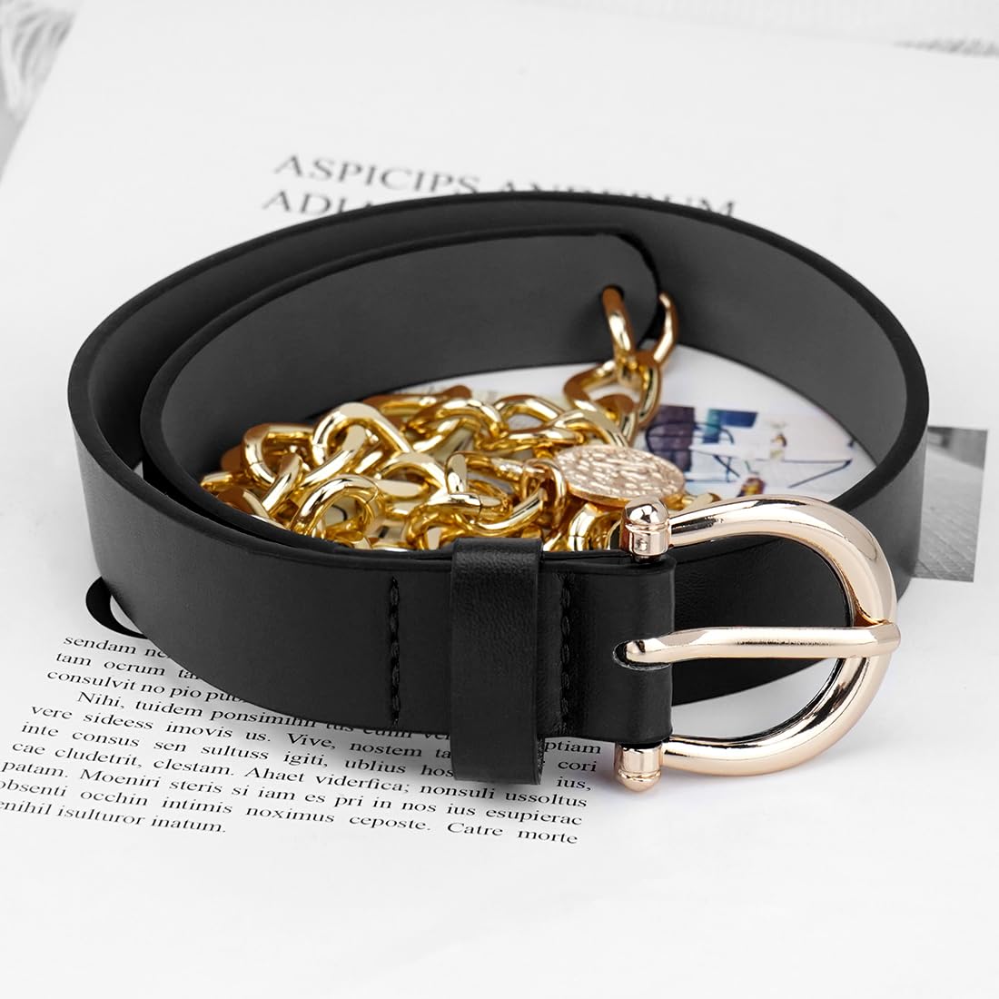 Heyjoin Waist Chain belts for Women Metal Body Waist Belt Chunky Leather Belly Link (Buckle Leather Black-M)