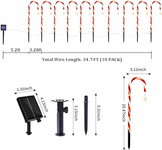 Christmas Decorations, 10 Pcs Christmas Candy Cane Lights with Star, 21'' Solar Pathway Lights with 8 Lighting Modes, Waterproof Garden Lights for Outdoor Christmas Patio Yard Walkway Decorations