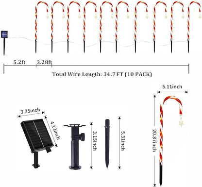 Christmas Decorations, 10 Pcs Christmas Candy Cane Lights with Star, 21'' Solar Pathway Lights with 8 Lighting Modes, Waterproof Garden Lights for Outdoor Christmas Patio Yard Walkway Decorations