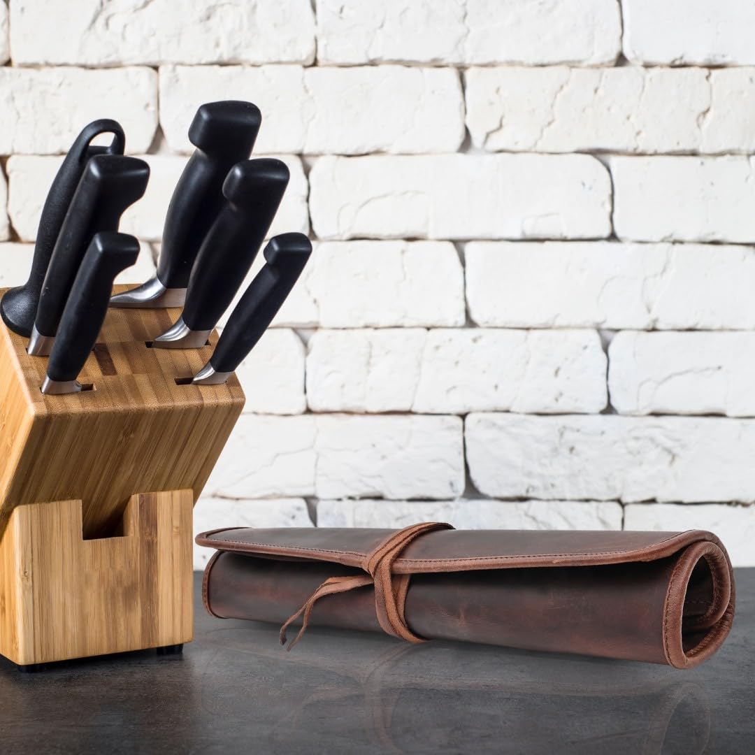 Autentico Genuine Buffalo Leather Small Knife Case Holder Chef's Knife Roll Holder Cutlery Sheath Carrying Case Organizer Storage Bag Travel Friendly Artist Gift for Men & Women Teak