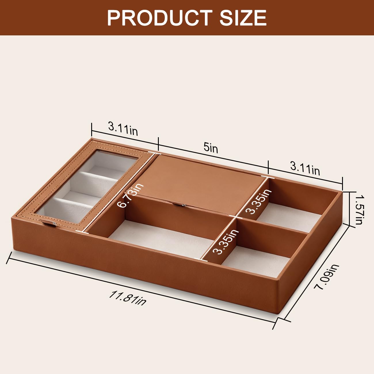 DAJYAWON PU Leather Valet Tray & Nightstand Jewelry Organizer - Multifunctional Catchall Dresser Top Box with Dust-Proof Flip Lid, Ring/Earring Compartments & Open Slots for EDC, Wallet, Keys, Watch