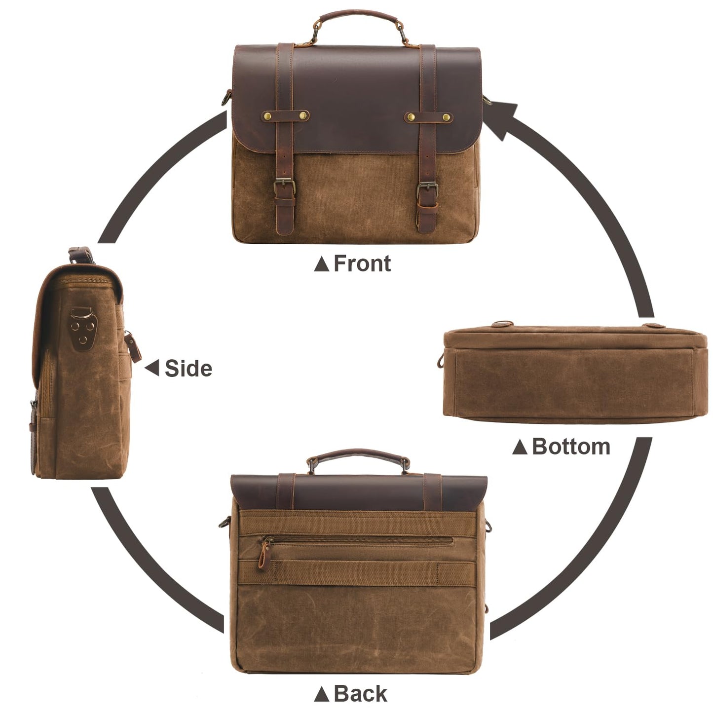 Men's Messenger Bag Waxed Canvas Briefcase 16 Inch Vintage Genuine Leather Computer Laptop Bags Waterproof Satchel Shoulder Bag for Work/Business/Office