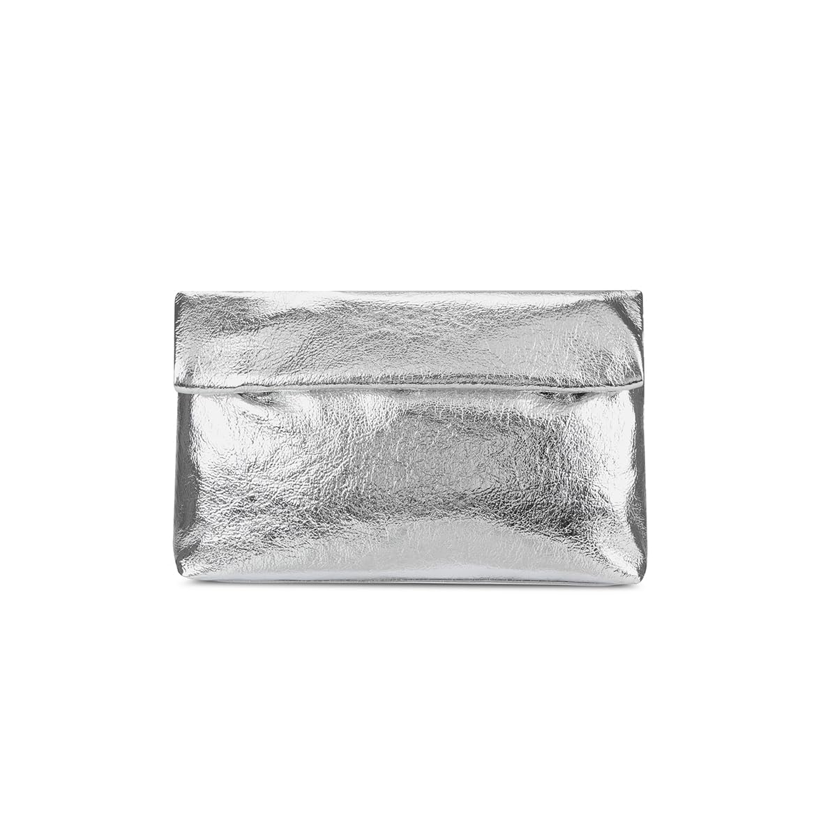 MXCMXC Women's Evening Clutch Bag Metallic Crinkled Leather Clutch Purse, Fold-over Handbag Envelope Purse with Hidden Magnetic (Silver)
