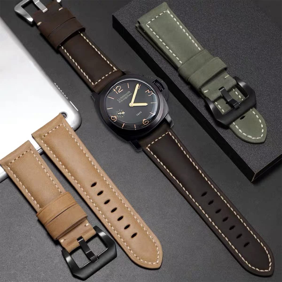 Niziruoup 24mm Leather Watch Bands for Men, Vintage Top Grain Leather Watch Strap Compatible with Panerai Watch Band, Genuine Leather Bracelet Watch Replacement Band, Khaki