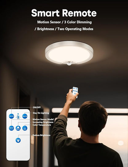 2 Pack Rechargeable Motion Sensor Ceiling Light - Remote Control 8000mAh 500LM Battery Operated Indoor Wireless Ceiling Shower Light LED Fixture Under Cabinet for Closet, Shower, Stairs, Shed, Hallway