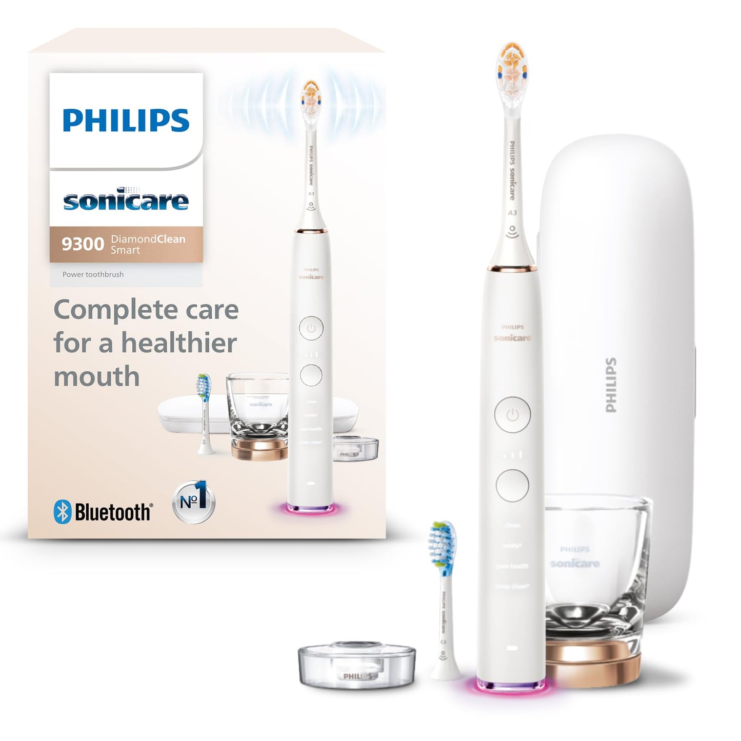 Philips Sonicare DiamondClean Smart 9300 Electric Toothbrush, Sonic Toothbrush with App, Pressure Sensor, Brush Head Detection, 4 Brushing Modes and 3 Intensity Levels, White, Model HX9903/05