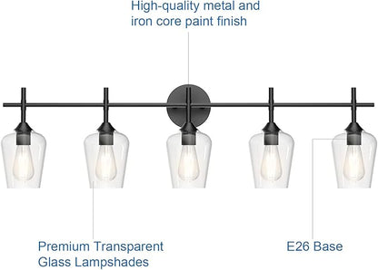 Ralbay Vintage Black Bathroom Vanity Light 5-Lights Industrial Matte Black Finish with Clear Glass Vanity Lights Farmhouse Bathroom Lighting fixtures