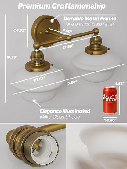 Vintage 2-Lights Wall Sconce Lights Brass Gold Bathroom Vanity Light with Milk Glass Double Sconce Wall Mounted Lamp for Bedroom Living Room Bathroom Mirror Kitchen Hallway Hardwire
