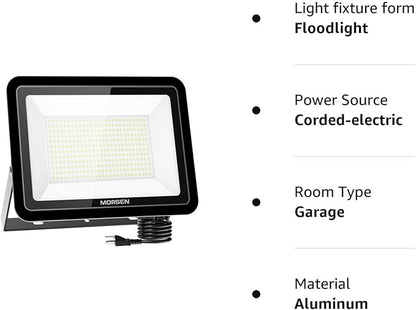 MORSEN 300W Flood Light Outdoor Plug in - 30000LM 5000K LED Flood Light, IP66 Waterproof, UL Listed Daylight Security Lights for Garden, Yard, Garage, Stadium, 2 Pack