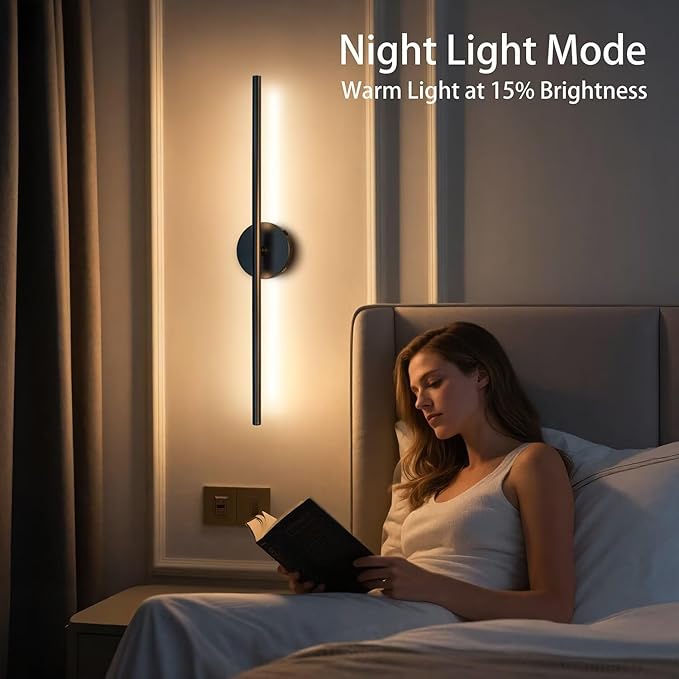 Rechargable Wall Sconce Set of Two, Modern Wireless USB Sconce Lights with Remote, 28.35Inch Dimmable Indoor Home Wall Decor Lights for Bedroom, Living Room, Hallway (Black/Round)