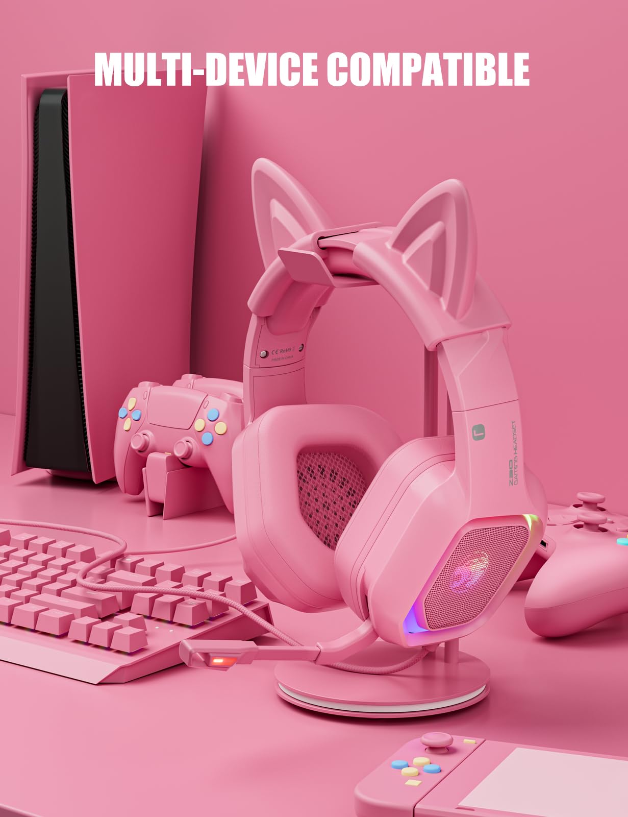 ZIUMIER Gaming Headset with Detachable Cat Ears, Compatible with PS4 PS5 Xbox One PC Laptop, Over-Ear Headphones with LED Light, Noise Canceling Mic, Stereo Surround Sound (Pink Cat)