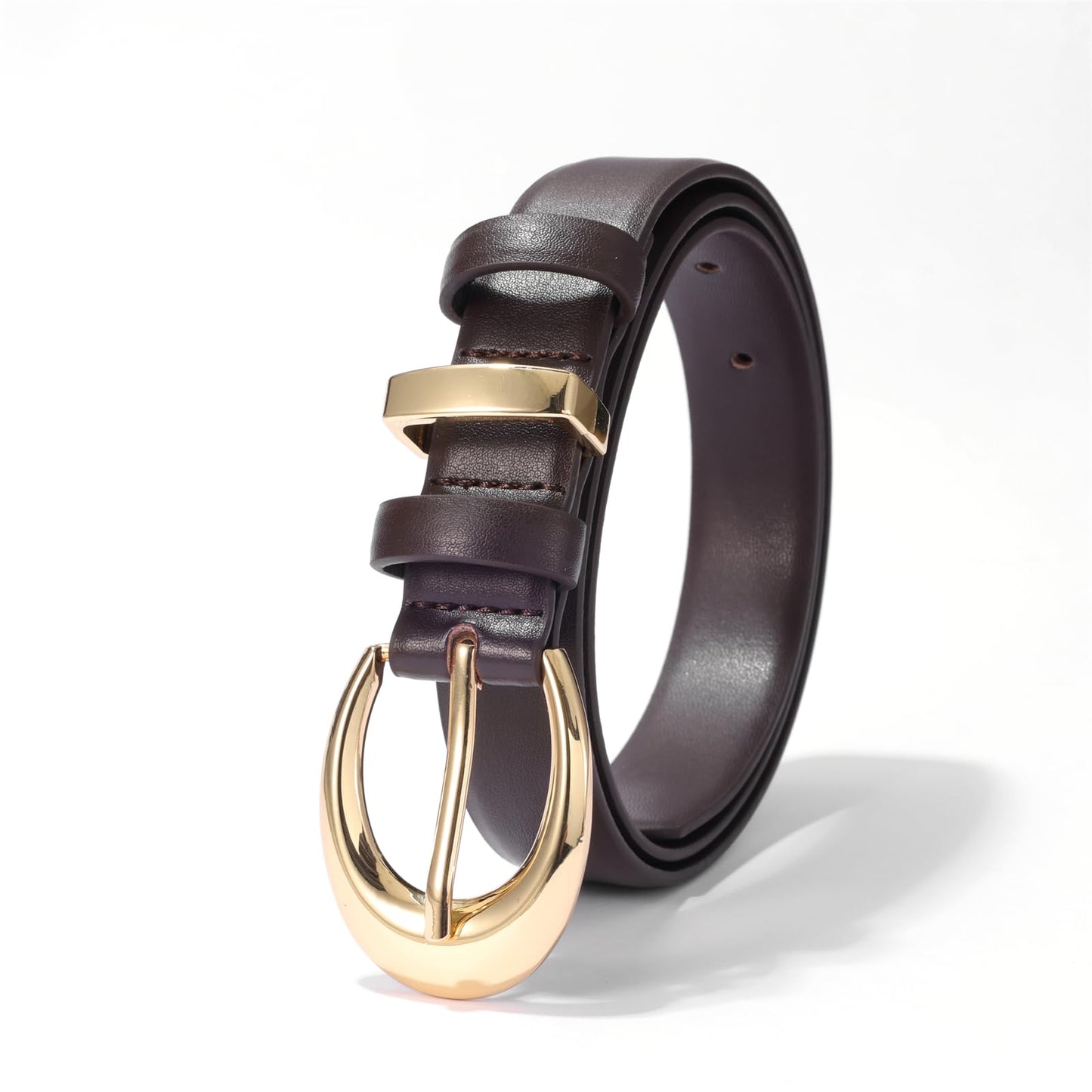 KONQUWA Women's Cow Leather Belt for Jeans Pants Fashion Ladies Skinny Dress Waist belt with Gold Buckle (Coffee/Gold Buckle,32″-38″)