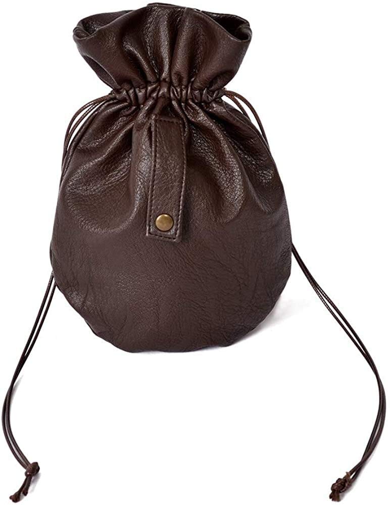 Medieval PU Leather Pouch Leather Drawstring Pouch Coin Purse Storage Renaissance Dice Bag (L, Brown)