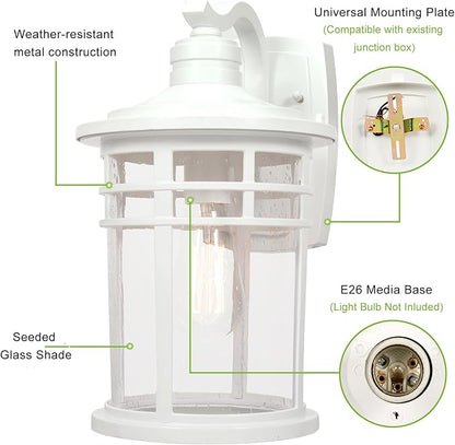 Darkaway Large Outdoor Porch Lights Wall Mount, 15inch Outdoor Wall Sconces with Seeded Glass Waterproof Exterior Lights for Patio Yard House Hallway Doorway Garage(Large, White)