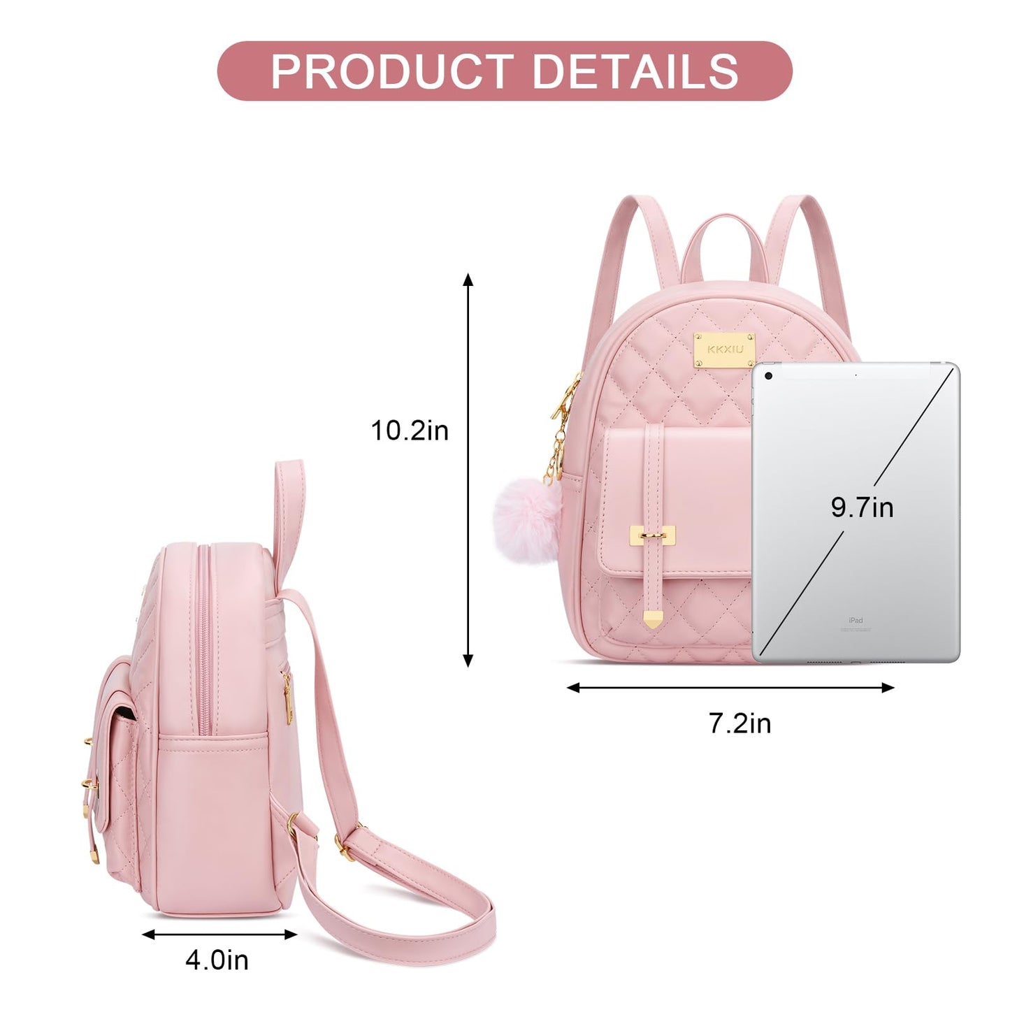 KKXIU Girls Small Backpack Purse Vegan Leather Quilted Mini Daypack for Women Trendy Bookbag (Pink)