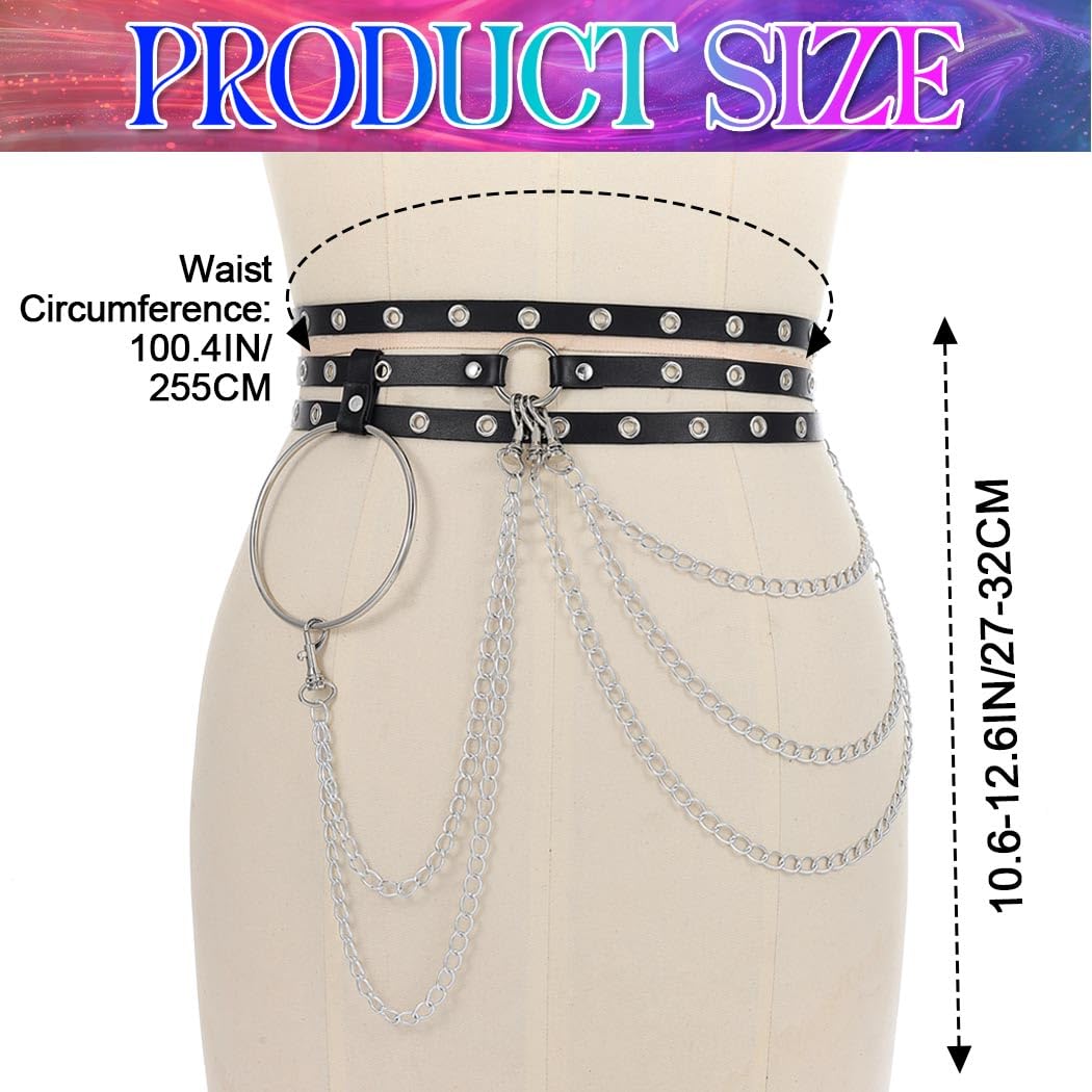 Nicute Chain Belt Black Punk Leather Waist Chain Belt Rave Accessories for Women