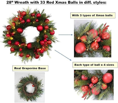 BIG 26" D Pre-lit Christmas Ornament Artificial Pine Wreath w 33 Red Balls Real Grapevine Base (35 LED Lights, 8 Flash Options) for Xmas Decor at Shop Home Front Door Living Room Wall Window (Battery)